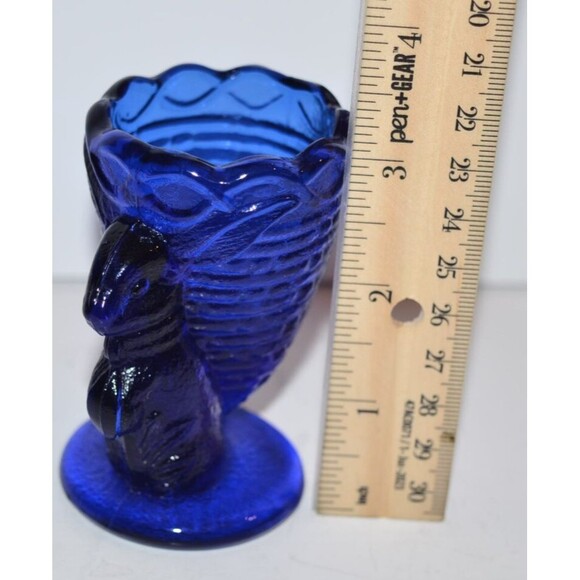 Vtg Cobalt Blue Glass Bunny Rabbit w/ basket Egg Cup Holder Toothpick Easter - Picture 2 of 6
